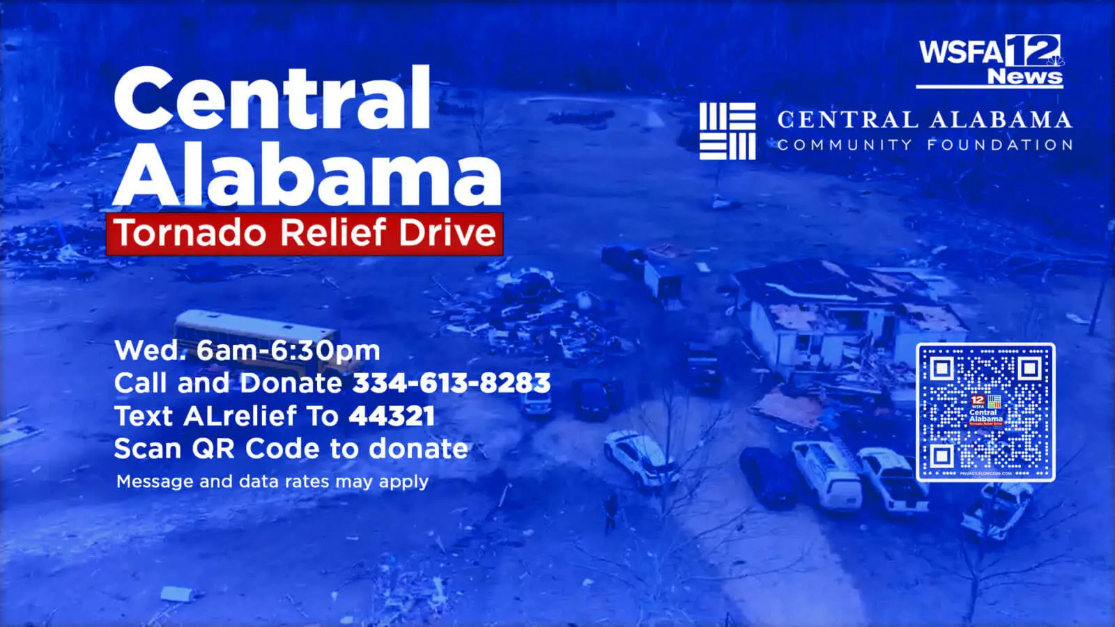 Informational graphic for the Central Alabama tornado relief drive from Central Alabama Community Foundation