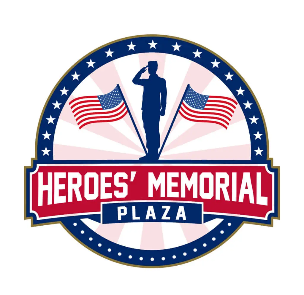 A logo for Heroes' Memorial Plaza with a soldier saluting and American Flags