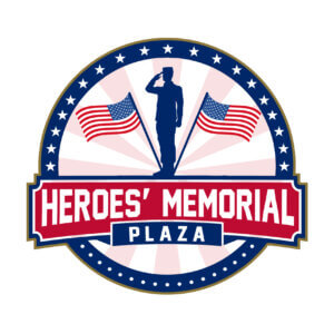 A logo for Heroes' Memorial Plaza with a soldier saluting and American Flags